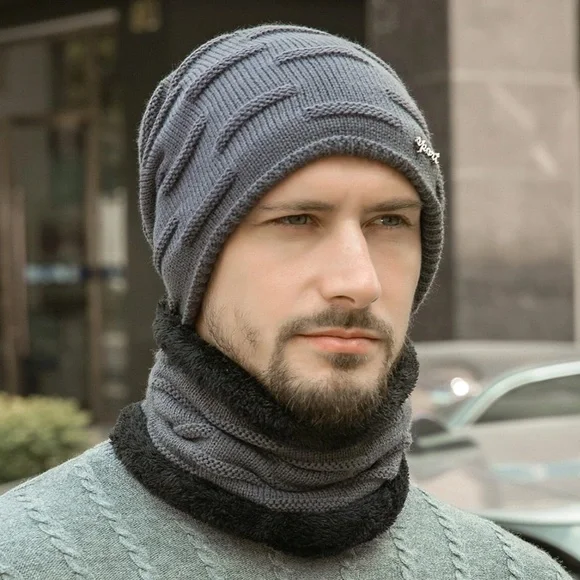 Men's Teddy Lined Cashmere Beanie Infinity Scarf Set